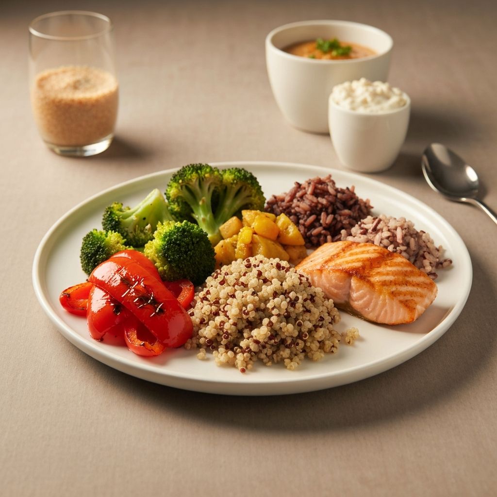 Nutritious balanced meal on plate with diverse colors of vegetables, grains and proteins arranged professionally