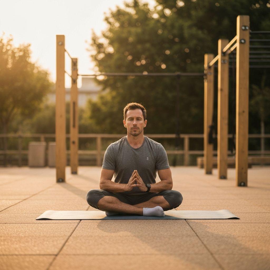Serene outdoor fitness environment with natural gym setting in soft golden hour lighting