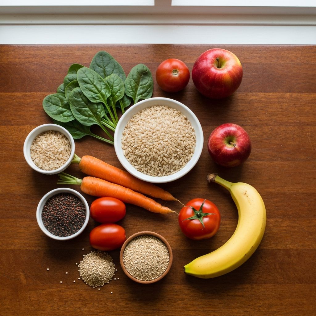 Balanced healthy food ingredients with fresh vegetables, whole grains and fruits on wooden surface