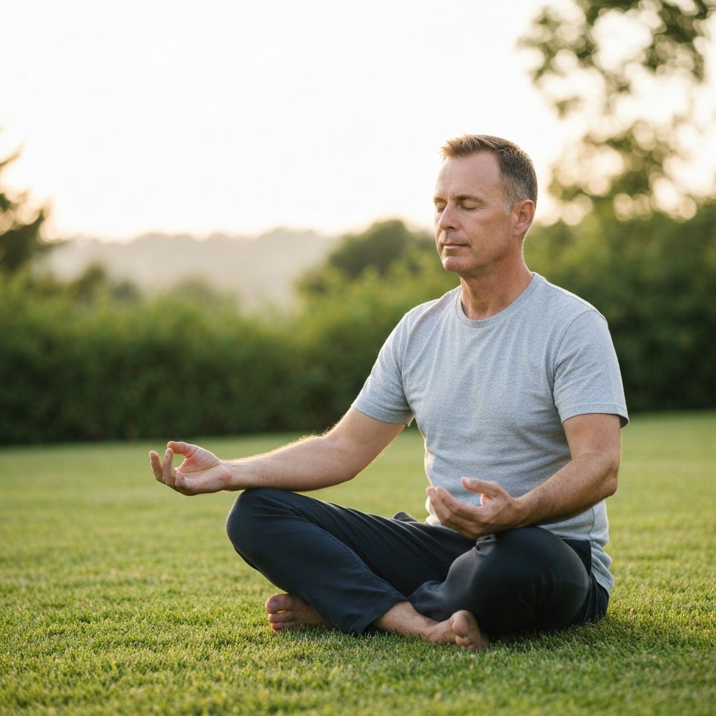 Man practicing mindful breathing exercise in serene outdoor setting with calm focused expression