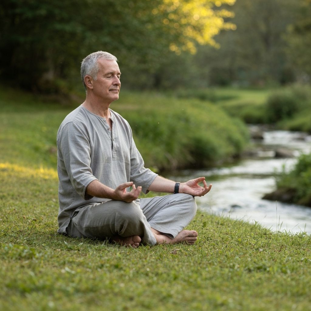 Man in peaceful meditation posture outdoors in serene natural setting