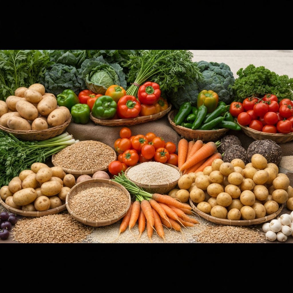 Beautiful arrangement of fresh produce and whole foods at farmers market with natural daylight